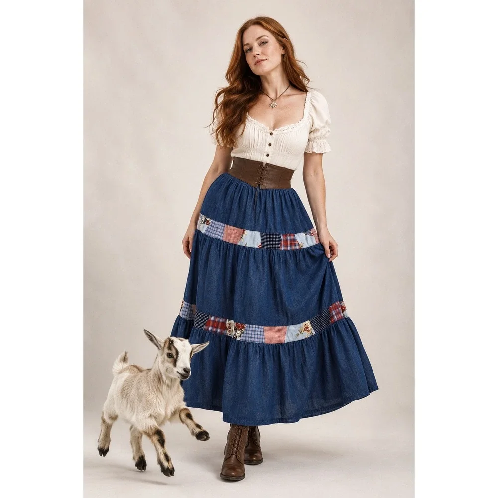 Vintage Koret Petites‎ tiered denim and calico maxi skirt med